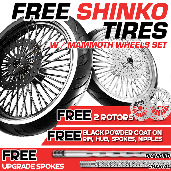 [SALE-JAN] FAT 52 SPOKE WHEELS+2 ROTORS+BLACK POWDER COAT+UPGRADE SPOKE+FREE SHINKO TIRES