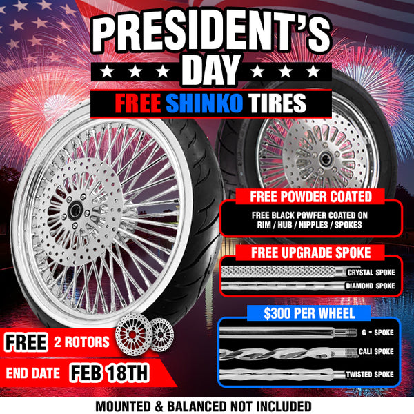 [SALE] FAT 52 SPOKE WHEELS+2 ROTORS+BLACK POWDER COAT+UPGRADE SPOKE+FREE SHINKO TIRES